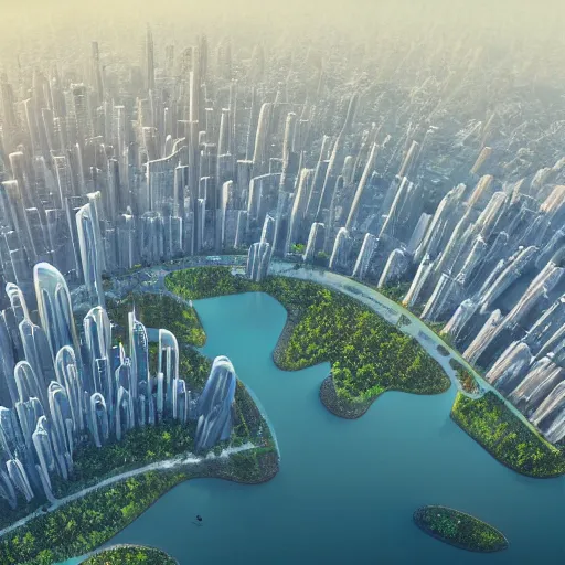 Prompt: nature - filled futuristic utopian city, hd 1 0 8 0 p arial photo