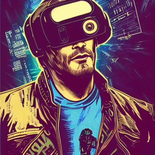 Image similar to Illustrated by Shepard Fairey and H.R. Geiger | Cyberpunk Keanu Reevse with VR helmet, surrounded by cables