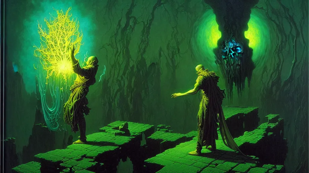 Image similar to the arcane artificer by albert bierstadt and gerald brom and dan mumford and zdzisław beksinski, floating metallic objects, blue flames, low light, glowing green crystals