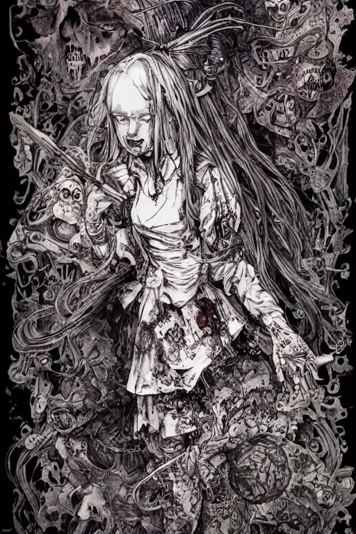 Prompt: zombie Alice in wonderland tarot card , pen and ink, intricate line drawings, by Yoshitaka Amano, Ruan Jia, Kentaro Miura, Artgerm, watercolor