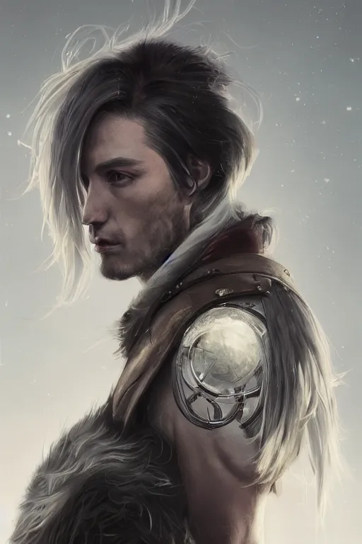 Image similar to a fancy portrait of a toned male half human half mechanical with long white hair by greg rutkowski, sung choi, mitchell mohrhauser, maciej kuciara, johnson ting, maxim verehin, peter konig, bloodborne, 8 k photorealistic, cinematic lighting, hd, high details, dramatic, dark atmosphere, trending on artstation