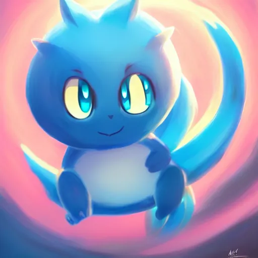 Prompt: cinematic portrait of cute Mew riding large blue bubble, oil on canvas in the style of Pokemon, epic masterpiece, trending on artstation, featured on pixiv, cinematic composition, dramatic pose, beautiful lighting, sharp, details, hyper-detailed, HD, HDR, 4K, 8K