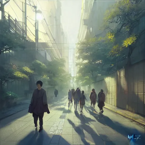 Image similar to walking from naka - meguro, tokyo. volumetric lighting, spring late morning, nice slight overcast weather, realistic illustration, perfectly shaded, soft painting, art by krenz cushart and wenjun lin