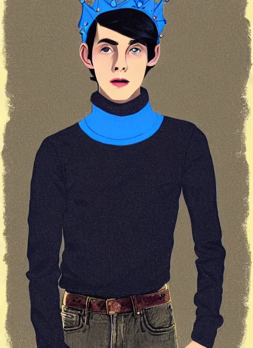 Image similar to portrait of teenage jughead jones wearing a light grey crown, crown, blue turtleneck, 1 9 5 0 s, closed eyes, photorealistic, black hair, glowing lighting, intricate, elegant, glowing lights, highly detailed, digital painting, artstation, concept art, smooth, sharp focus, illustration, art by wlop, mars ravelo and greg rutkowski