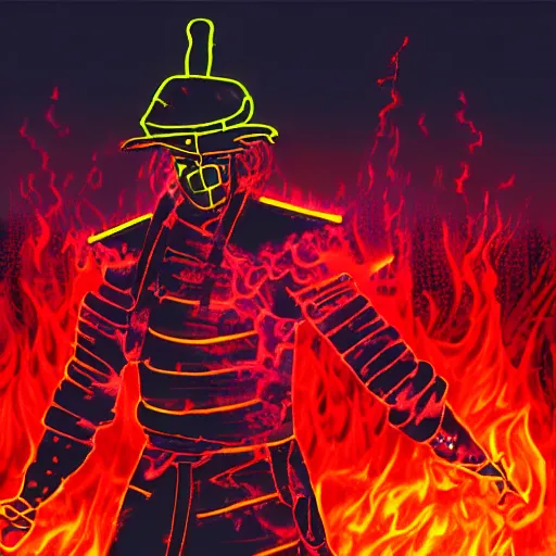 Prompt: a neon samurai in a burning field at night. hyper realistic, 8 k.