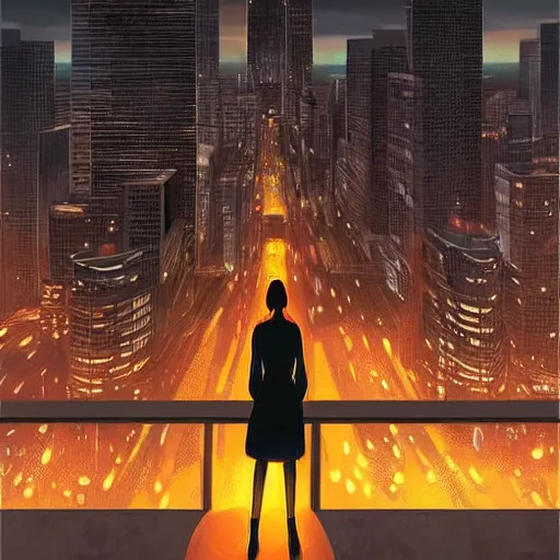 Prompt: lone figure watching a busy city at dusk, city lights, epic, uplifting, vignette, high detail, style of Artgerm