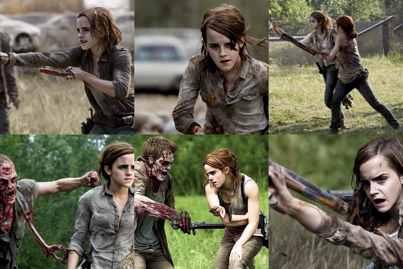 Prompt: Still of Emma Watson fighting a zombie in Walking Dead