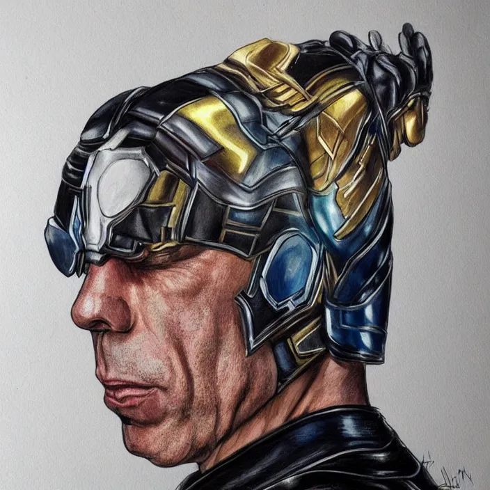 Image similar to portrait of till Lindemann, wearing The Infinity Gauntlet. Caricature artwork. trending on artstation, very coherent symmetrical artwork. avengers. thanos. cinematic, hyper realism, high detail, newspaper illustration, iridescent accents