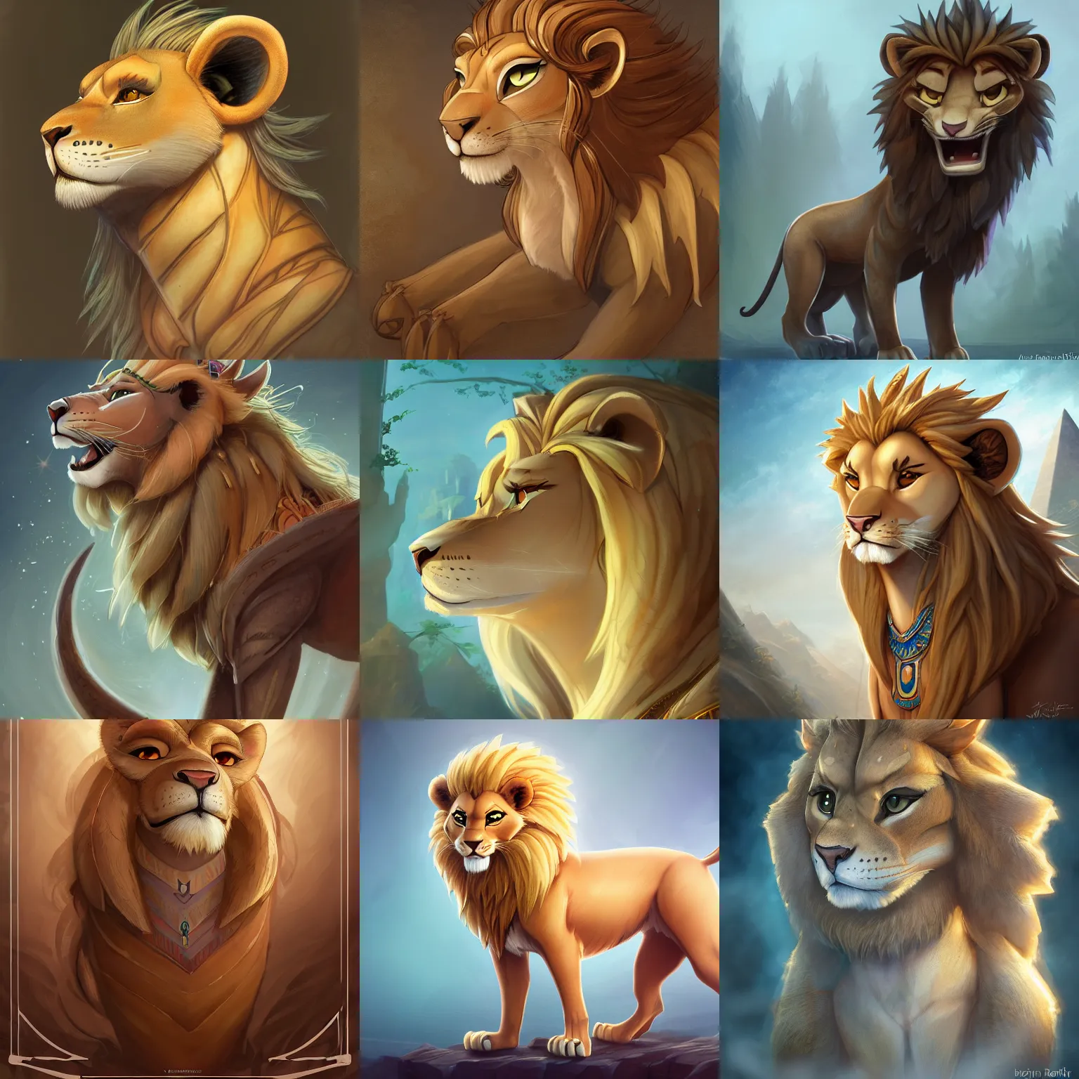 Prompt: beautiful detailed character design of an egyptian lion. deviantart adoptable, style of maple story and zootopia, portrait studio lighting by jessica rossier and brian froud in the style of disney, artstation deviantart