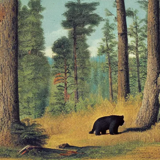 Prompt: two Chippewa boys stalk a small black bear in the forest painted by John Mix Stanley