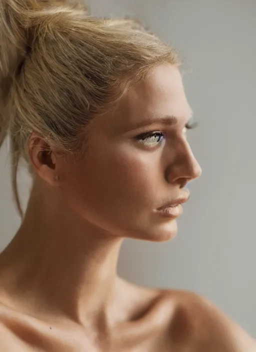 Image similar to vintage photograph of an olive skinned blonde female model in her early thirties, her hair pinned up, wearing a designer top, looking content, focused on her neck, photo realistic, extreme detail skin, natural beauty, no filter, slr, golden hour, 4 k, high definition, selfie