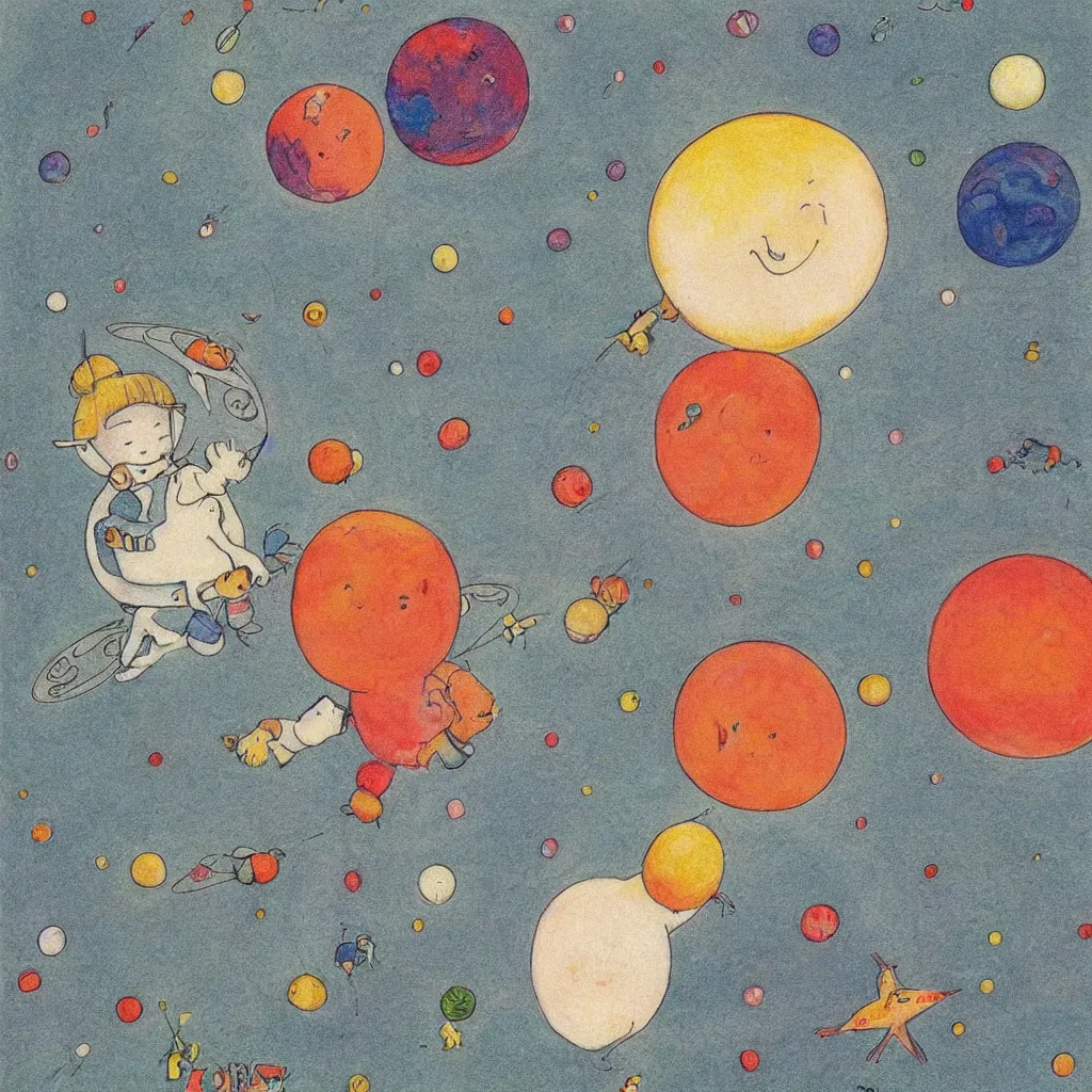 Image similar to single planet, cute, art print, lithography, baby room, by elsa beskow, saturn