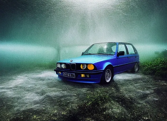 Image similar to “Illuminati in the mist of the forest, matter painting, mystical” !dream “BMW e30 driving through an underwater city, photo taken from a long shot, matter painting, iridescent small fish” H 896