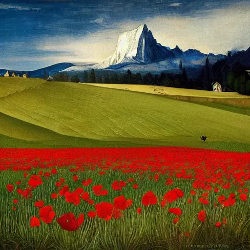 Image similar to a caravaggio painting masterpiece exposed at the Louvres in paris : a poppy field with a icy moutain in the background and a blue sky This 4K HD image is Trending on Artstation, featured on Behance, well-rendered, extra crisp