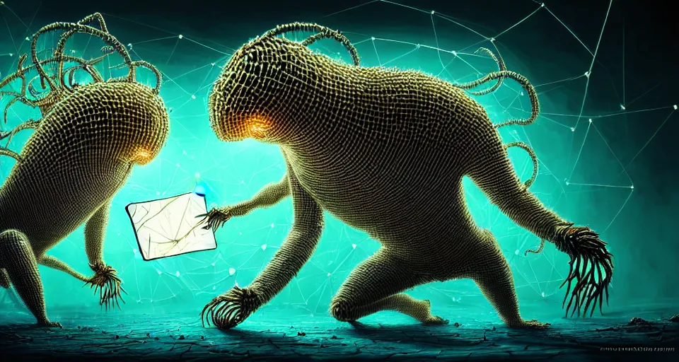 Image similar to hive mind creature made of dust battling a hacker, technology and magic, intricate, highly detailed, digital painting, lightbright, sharp focus,