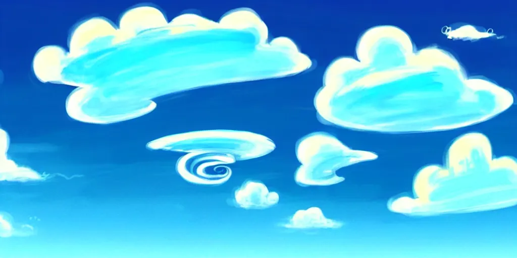 Image similar to cartoon concept art, clean blue sky, spiral clouds, from lorax movie
