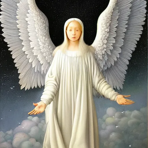 Image similar to highdetailed hyperrealistic painting of white angel!!! no gender smiling noface!!!, light instead of hands, white sparkles everywhere, 4 k hd face!!!, big silver high detailed wings!!!, renaissance, by jan van eyck, holography space, glow effect, large strokes, monochrome!!!!!