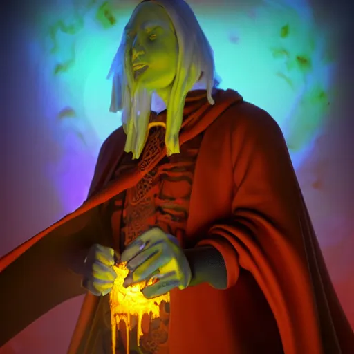 Prompt: A necromancer pulsing with necrotic energy, art by Carl Barks, power auras, sigils, tattered cloth robes, substance 3d painter, PBR textures, Physical based rendering, cinematic, hyper realism, high detail, octane render, unreal engine, 8k, Vibrant colors, Smooth gradients, High contrast, depth of field, aperture f2.8