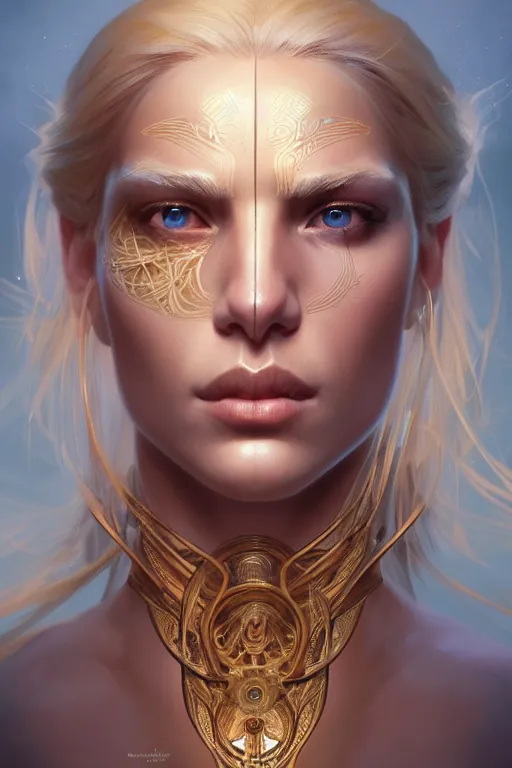 Image similar to symmetry!! portrait of a blonde haired woman in the style of god of war, machine parts embedded into face, intricate, elegant, highly detailed, digital painting, artstation, concept art, smooth, sharp focus, illustration, art by artgerm and greg rutkowski and alphonse mucha, 8 k