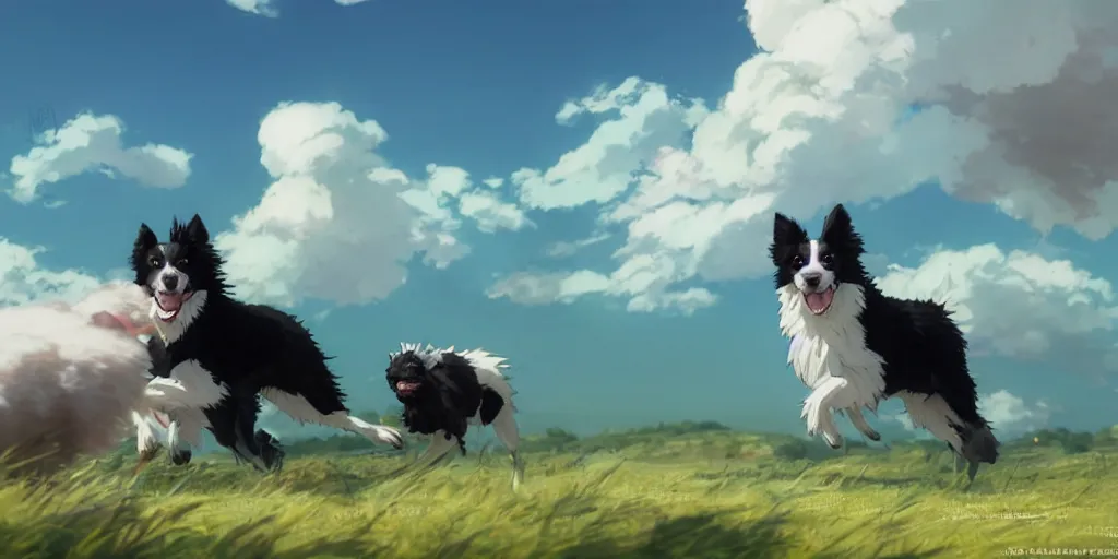 Image similar to border collie chasing sheep on feld. nime key visual of luffy studio lit directed gaze, trending on pixiv fanbox, painted by greg rutkowski makoto shinkai takashi takeuchi studio ghibli