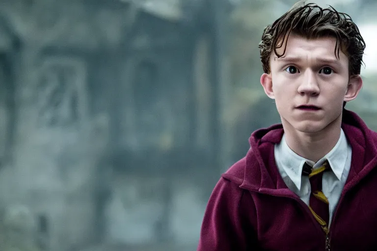 Prompt: film still of Tom Holland as Harry Potter in Harry Potter movie