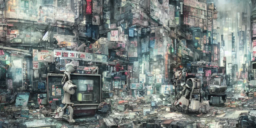 Image similar to broken robot lying deserted shinjuku junk town, watercolor, ghost in the shell, soft bloom lighting, paper texture, bright sun bleached ground, vending machine, robot lurks in the background, koji morimoto, katsuya terada, genius party, animatronic, black smoke, pale, beige sky pencil marks, hd, 4k, remaster, dynamic camera angle, fish eye, dynamic scene