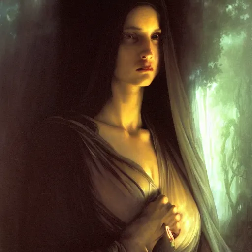 Prompt: awe-inspiring award-winning concept art painting of attractive figure in black shrouds called the ghost of the moonbow queen, rainbow, by Michael Whelan, William Adolphe Bouguereau, John Williams Waterhouse, and Donato Giancola, cyberpunk, extremely moody lighting, glowing light and shadow, atmospheric, shadowy, cinematic, 8K,