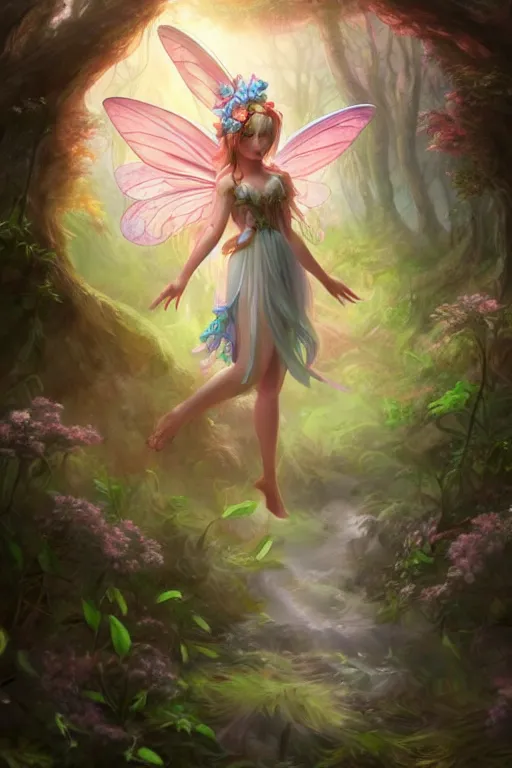 Image similar to a cute fairy in the dreamy forest, fantasy, 8 k resolution, hyper detailed, d & d, character design, digital painting, trending on artstation, sharp focus, illustration, art by artgerm, steve zheng, fuji choko, viktoria gavrilenko, hoang lap