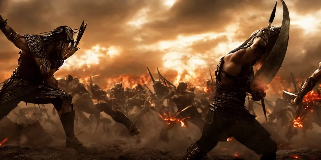 Image similar to epic battle screen of hero, film still from the movie'3 0 0'( 2 0 0 6 ), 3 d, 8 k realistic, cryengine, playstion 5 screen, cinematic lighting