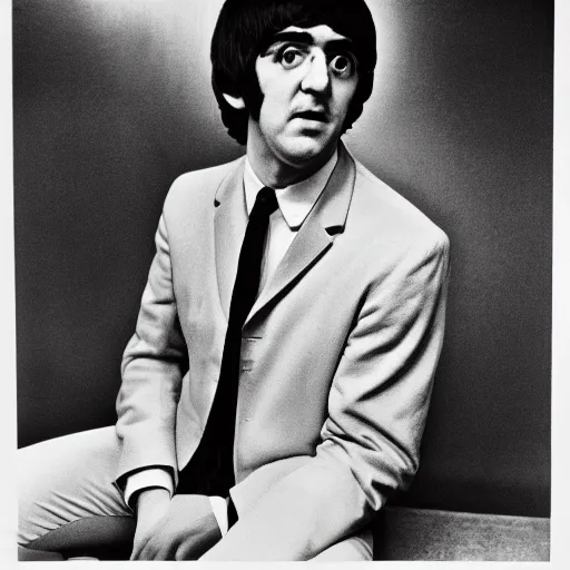 Prompt: a member of the beatles, portrait photograph, black and white, 1964