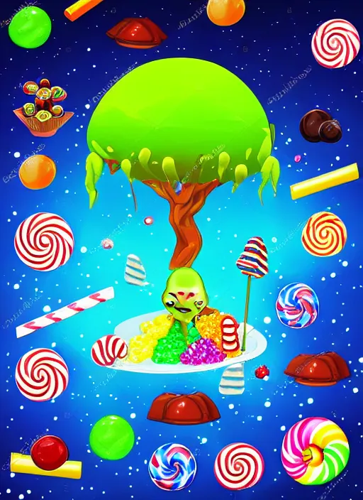 Image similar to candy planet cartoon poster with fantasy alien trees and sweets. magic unusual nature landscape for computer game, fairy tale cosmic background with beautiful strange plants