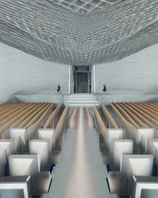 Prompt: crowd in a futuristic church, priest, pews, ethereal, inviting, bright, unreal engine, hyper realism, realistic shading, cinematic composition, realistic render, octane render, detailed textures, photorealistic, wide shot