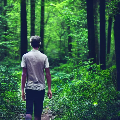 Prompt: fotorealistic image of a young man in a forest walking towards the camera