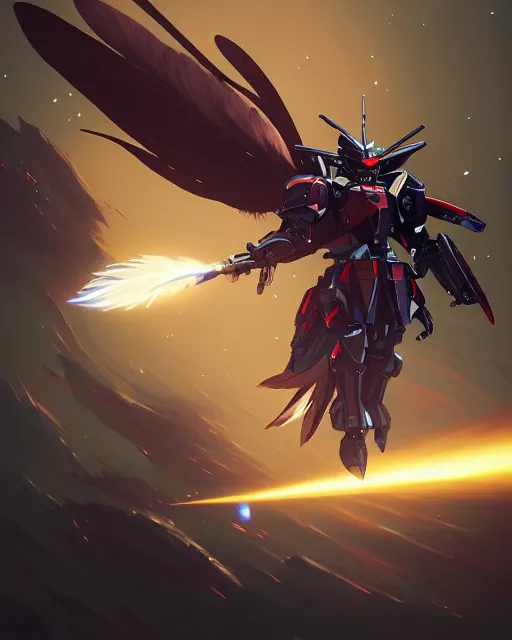 Image similar to highly detailed vfx portrait of an dark souls gundam with wings of feathers beam saber fighting in space with a beam gun, unreal engine, greg rutkowski, loish, rhads, beeple, makoto shinkai and lois van baarle, ilya kuvshinov, rossdraws, tom bagshaw, alphonse mucha, global illumination, detailed and intricate environment