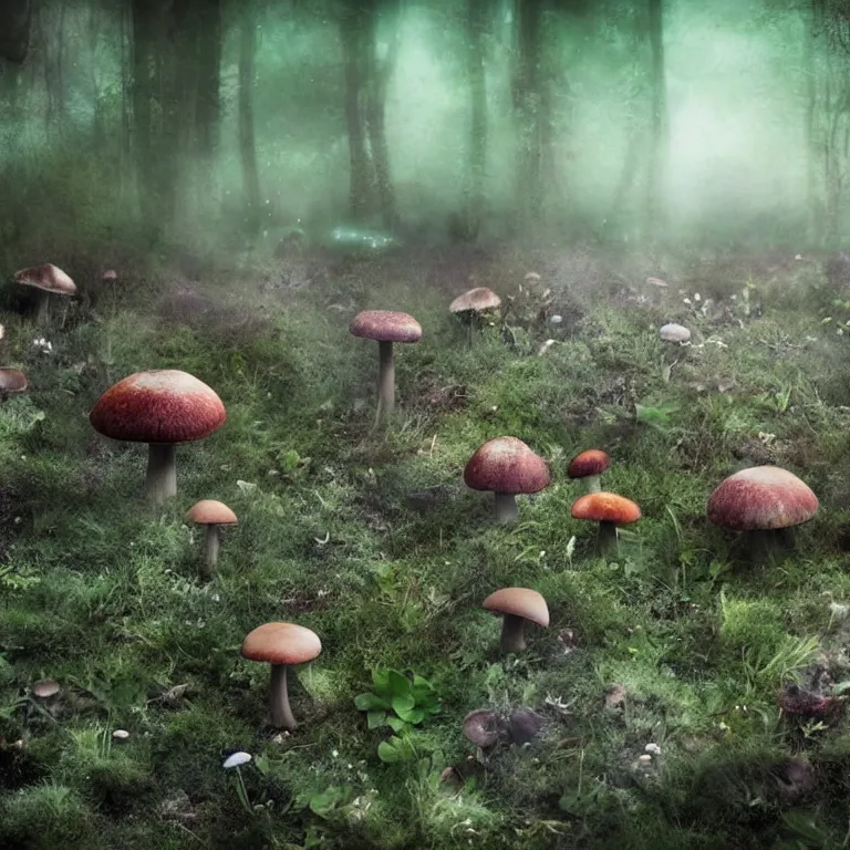 Image similar to a planet of various fungus, mushrooms and plants, inside the picture is infinity, Atmospheric phenomenon, artistic photography, muted colors, conceptual, long exposure outside the city, volumetric light