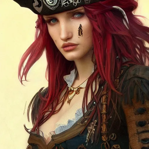 Prompt: ultra realistic illustration, bella thorne as pirate, intricate, elegant, highly detailed, digital painting, artstation, concept art, smooth, sharp focus, illustration, art by artgerm and greg rutkowski and alphonse mucha