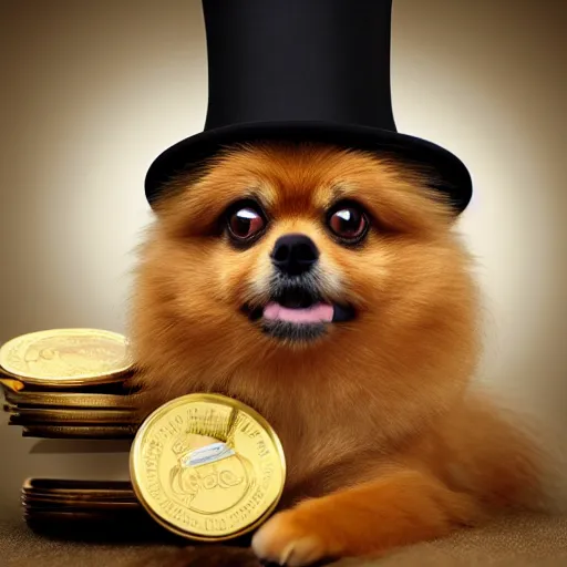 Image similar to a tan pomeranian wearing a top - hat and monocle and sitting on large pile of featureless gold coins