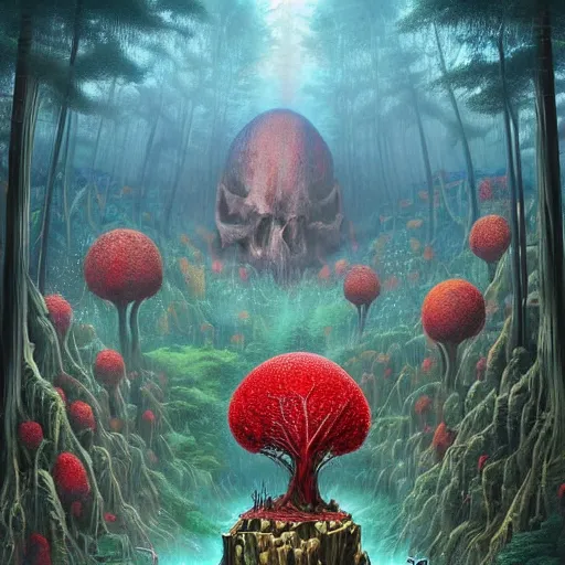 Prompt: A a giant skull made of red crystal in the center, a forest on either side, 8K, Ultra Realistic,mega structures inspired by Heironymous Bosch's Garden of Earthly Delights, vast surreal landscape and horizon by Asher Durand and Cyril Rolando and Thomas Kinkade, rich pastel color palette, masterpiece!!, grand!, imaginative!!!, whimsical!!, epic scale, intricate details, sense of awe, elite, fantasy realism, complex composition, 4k post processing