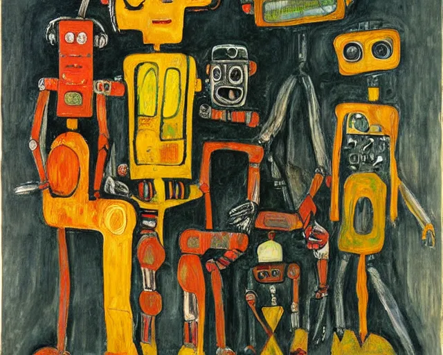 Image similar to a painting of a robot family portrait by graham sutherland, egon schiele, expressionism