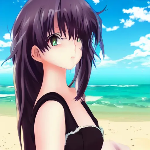 Prompt: sultry anime girl at the beach, key anime visual, portrait, pixiv