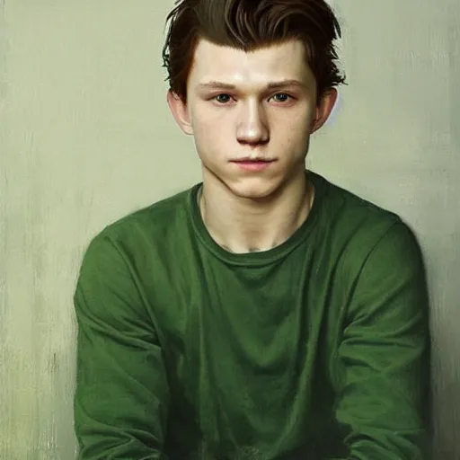 Image similar to attractive tom holland wearing green tunic by ruan jia, portrait