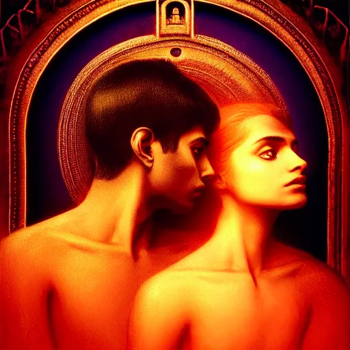 Image similar to perfectly - centered movie promotional poster - photograph of a young indian guy and a beautiful girl side profile faces symmetrical ; real life portrait by beksinski and jean delville, romantic theme, two lovers sharing one heart, unreal engine 5, photorealism, hd quality, 8 k resolution, cinema 4 d, hdr dramatic lighting ; symmetrical, cinematic, high coherence