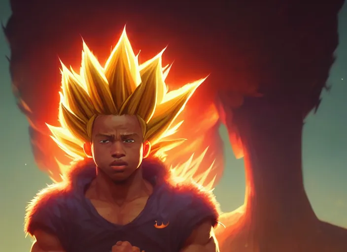 Image similar to highly detailed portrait of saquon barkley going super saiyan, unreal engine, fantasy art by greg rutkowski, loish, rhads, ferdinand knab, makoto shinkai and lois van baarle, ilya kuvshinov, rossdraws, tom bagshaw, global illumination, radiant light, detailed and intricate environment