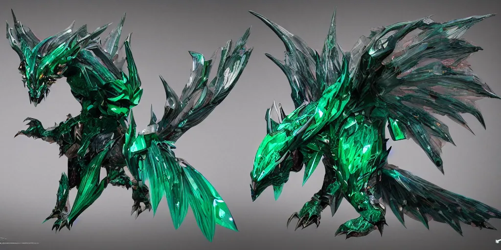 Image similar to Emerald four legged crystal bat, character design sheet, Monster Hunter Illustrations art book, big claws, sharp fangs, huge wings, long tail, iridescent scale patterns, cluster of crystals as spikes on its back, Moebius, Greg Rutkowski, Zabrocki, Karlkka, Jayison Devadas, Phuoc Quan, trending on Artstation, 8K, ultra wide angle, zenith view, pincushion lens effect.