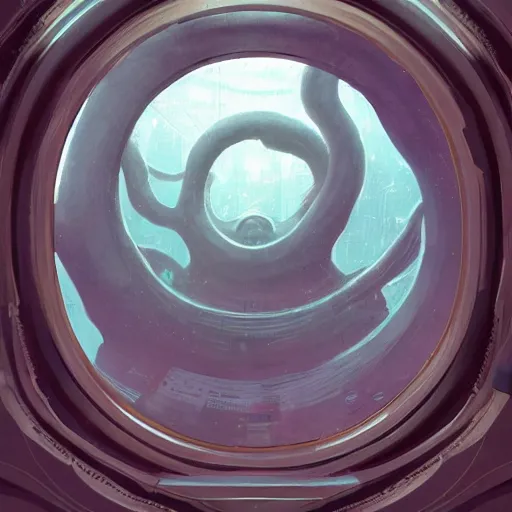 Image similar to The giant tentacle from the perspective of the spaceship porthole window, wide shot, broad detail, by Greg Rutkowski