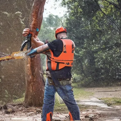 Image similar to man with chainsaws for limbs, chainsaw sticking out of his forehead