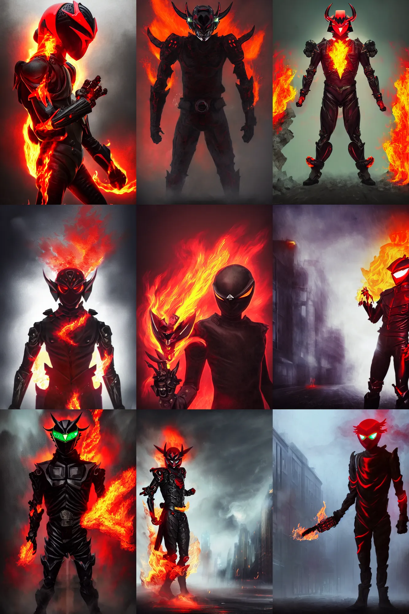 Prompt: character portrait of a demonic monster kamen rider with a demon helmet and fire eyes doing a henshin pose standing in a misty city street, wielding fire, monster made out of fire, matte painting, dramatic lighting, 8 k, rubber suit, digital painting, concept art, muted colors, red colors, moody colors, broken pipes, in the style of frank frazetta