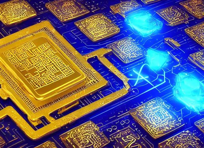 Image similar to flat square magic golden computer chip with runes and a glowing blue crystal in the center, mana flowing around it, product photo, macro, dynamic composition, hyperrealism, octane render, trending on artstation, unreal engine 5, 4 k, 8 k