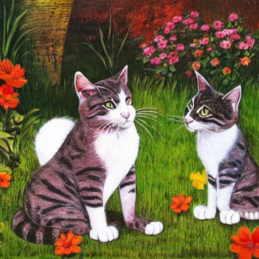 Prompt: 2 cats playing in the garden, by Timothy Burton, Cinematic