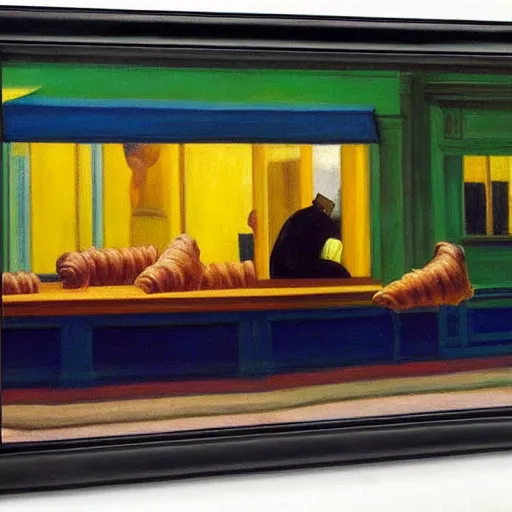 Prompt: dog eating croissants in paris, by edward hopper